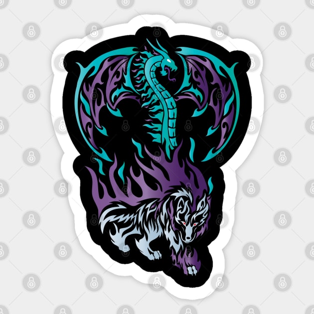 Tribal / Tattoo Art Style Ice Dragon and Grey Wolf Sticker by Designs by Darrin